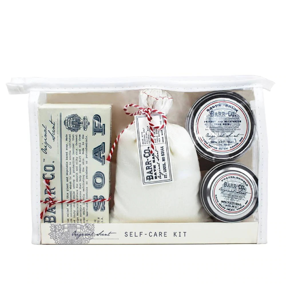 Barr-Co. Self Care Kit - Kit contains 6oz triple milled bar soap, 13 oz mini bath soak bag, 2 oz moisturizing hand salve and a 100% natural soy wax blend travel candle in a reusable zippered pouch. Original Scent, Weight: 23 oz. Made in the USA