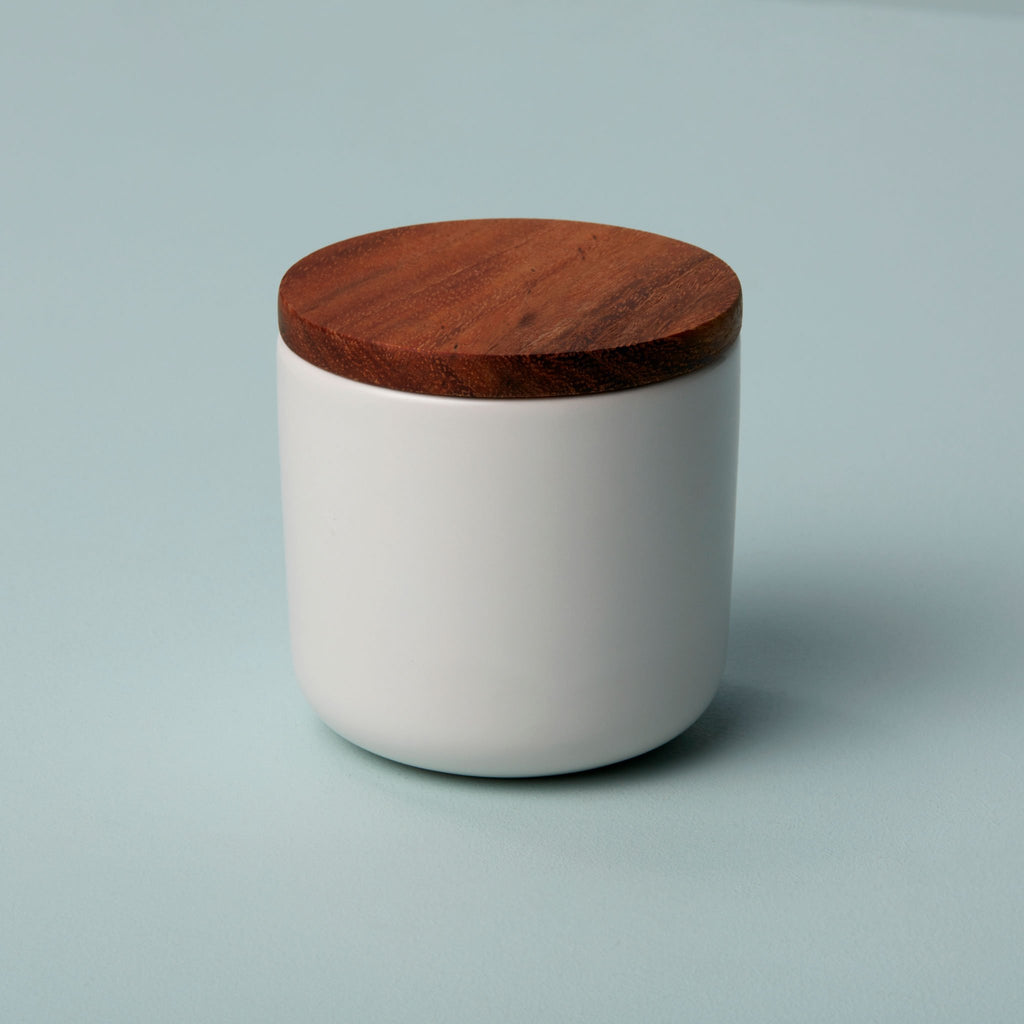 Small white stone container with acacia lid. Brampton Stoneware by BeHome 