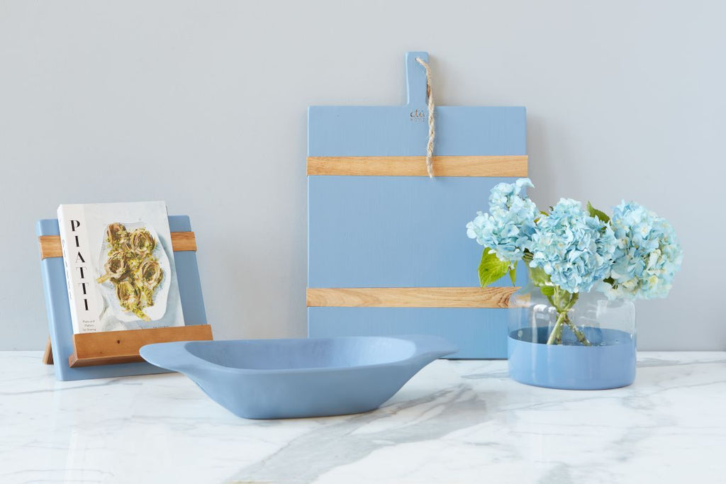 Denim Colorblock Blue Flower Vase by etúHOME with matching dough bowl, book holder, charcuterie board.