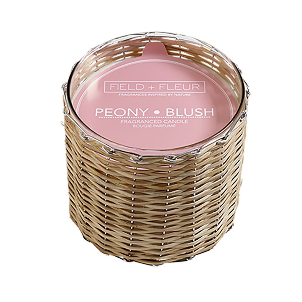 Peony Blush 2 Wick Handwoven Candle by Hillhouse Naturals Field+Fleur. 85 + hours burn time.  Made in USA