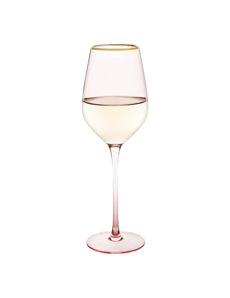 Rose Crystal White Wine Glass with Gold Rim. Picture shown with white wine. Makes a great gift.