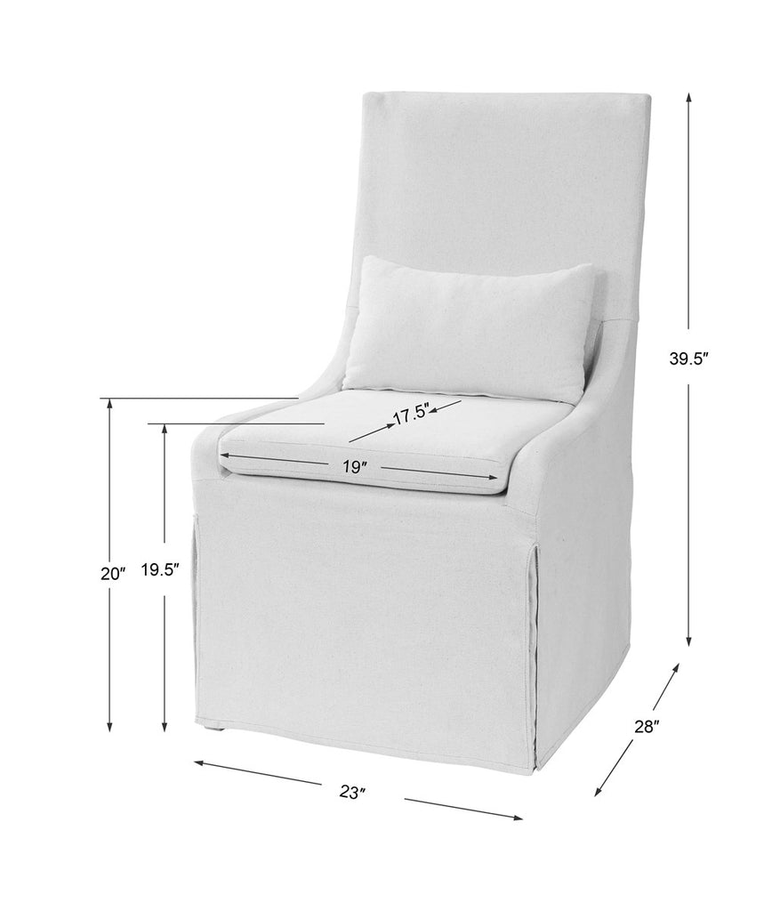 Measurements Coley Armless Linen Covered Tailored Chair by Uttermost. This chair is perfect for dining or accent chair. Simplistic in form, this casually sophisticated armless chair features a tailored off-white linen blend slipcover with a plush cushion seat and kidney pillow for added comfort.