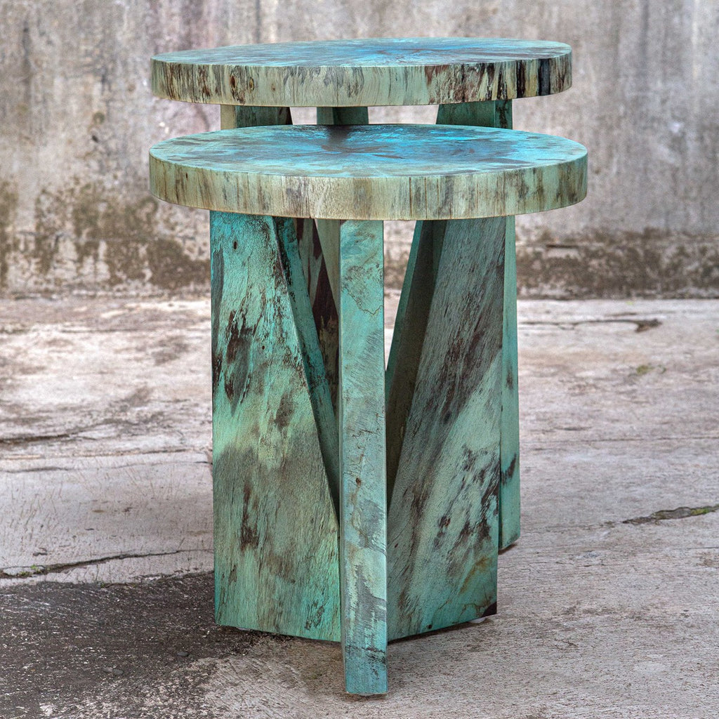 Nadette Nesting Table by Uttermost nested in blue
