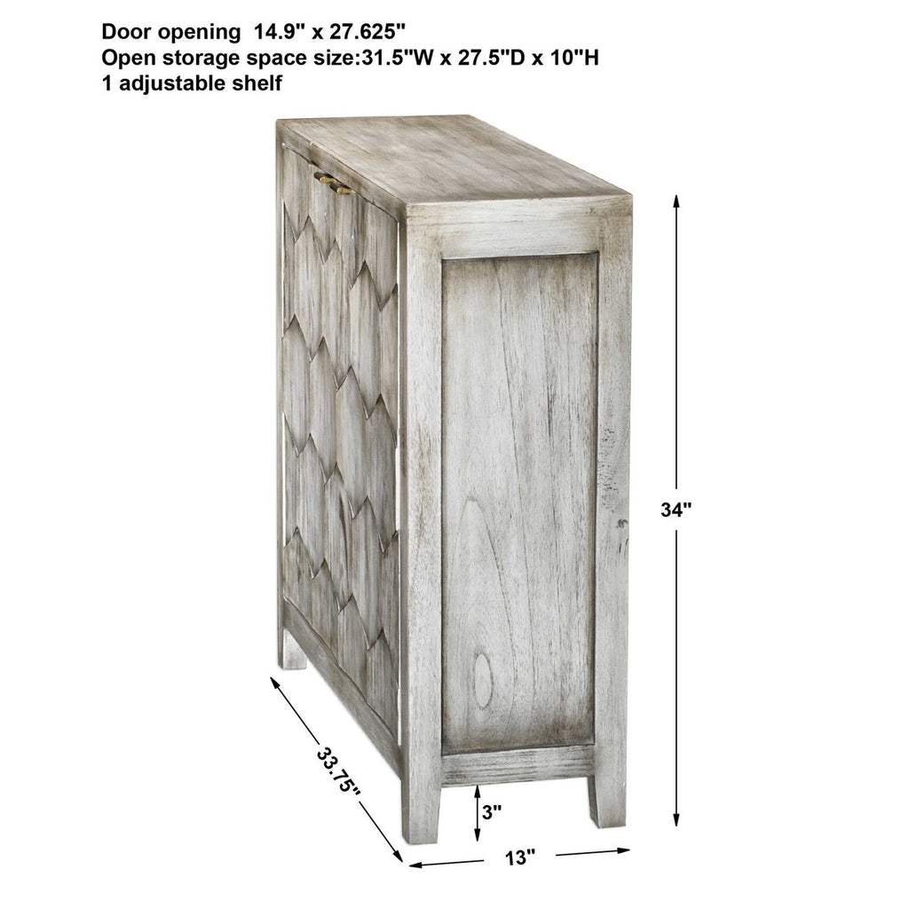 Measurement view of 3-dimensional honeycomb mahogany wood Catori 2 Door Cabinet by Uttermost