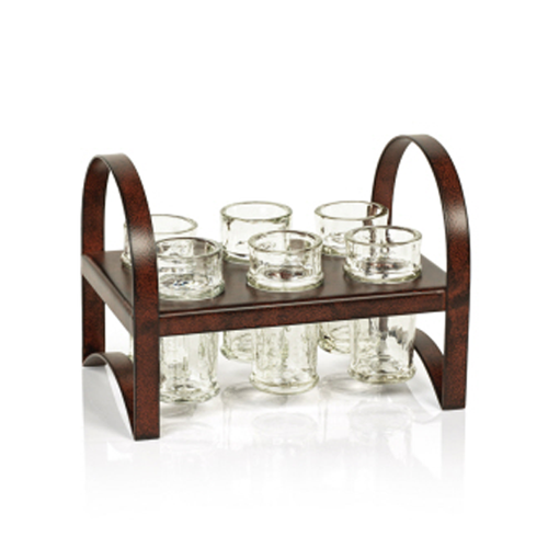 6 shot glasses with brown metal carrier / base by Zodax.  Great for entertaining guests.