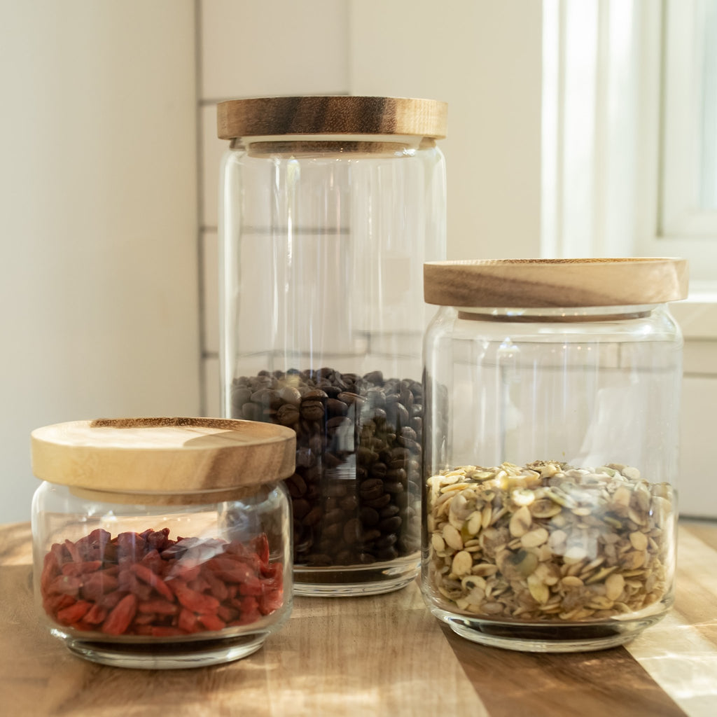 Glass storage container with acacia lid large by BeHome in use storage view.
