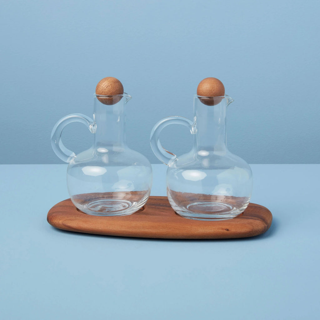 BeHome Glass Oil and Vinegar Cruet Set with Acacia Tray / Base 