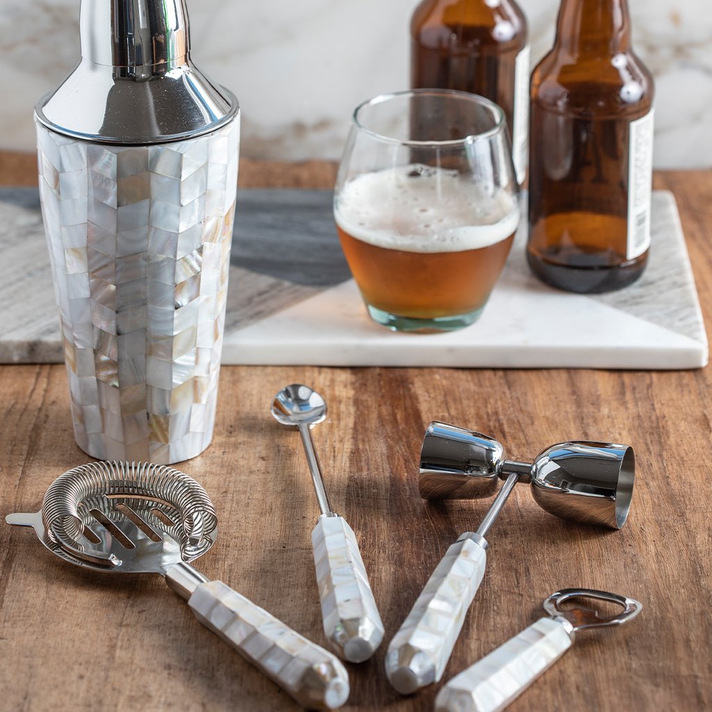 Shell Mosaic Bar Set by BeHome in bar setting with shaker
