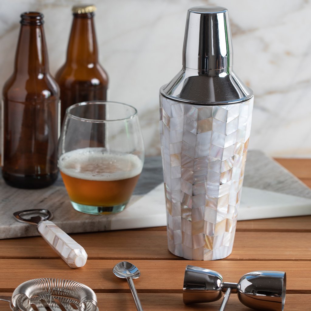 Shell Mother of Pearl Mosaic Cocktail Shaker by BeHome bar setting view with matching bar accessories.