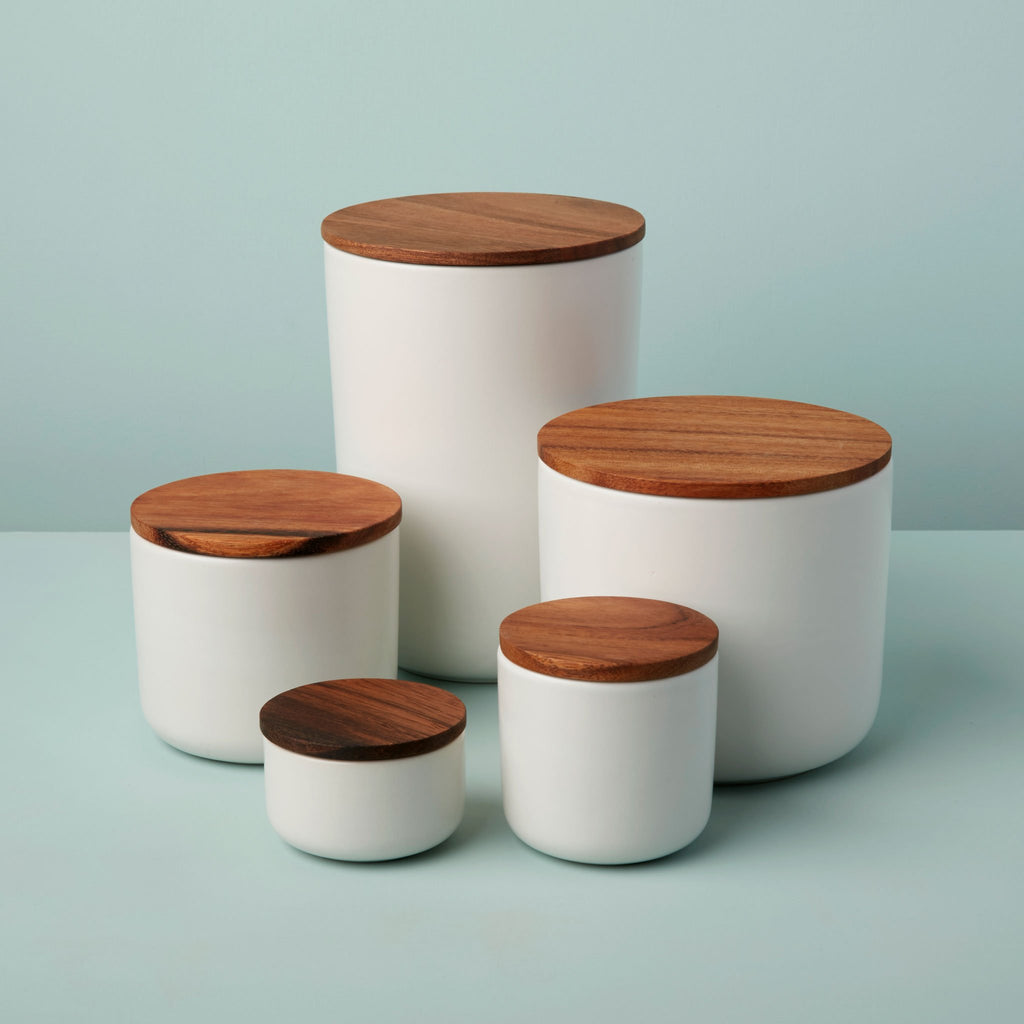 Brampton Stoneware extra large canister in white with acacia airtight design lid by BeHome. Also available in Large and Small.