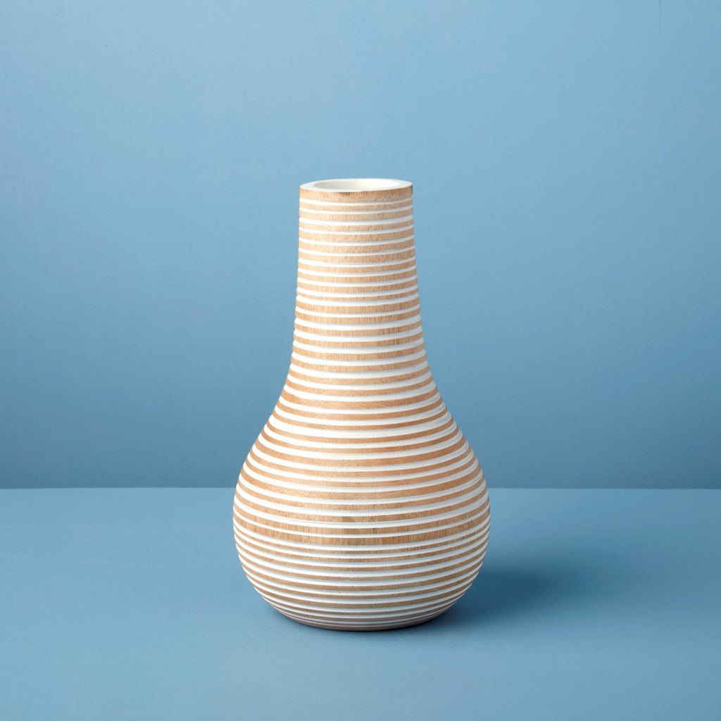 White Striped Kiln Mango Wood Bulb Vase  Mango wood vase ideal for showcasing your dried botanicals and faux arrangement