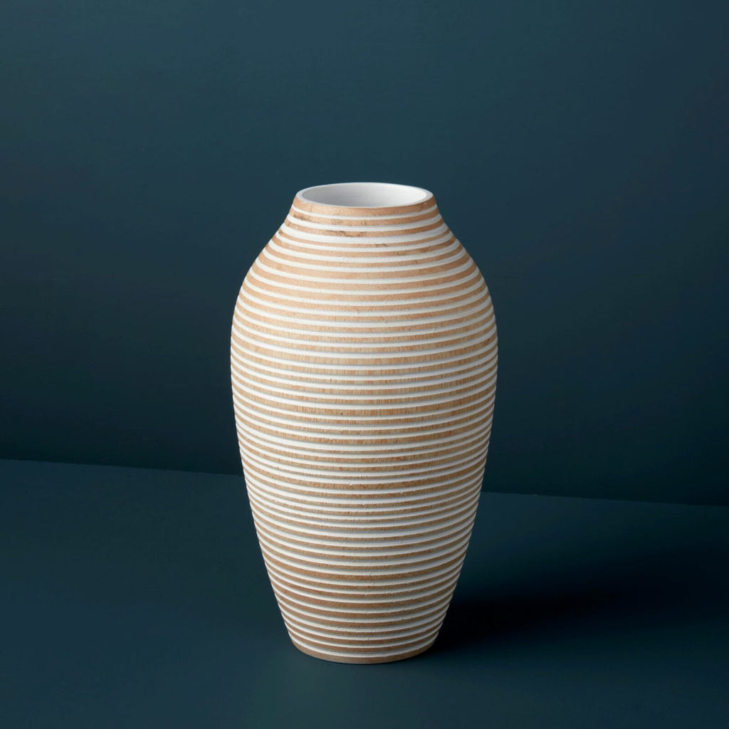White striped kiln mango wood classic vase ideal for showcasing your dried botanicals and faux arrangements.