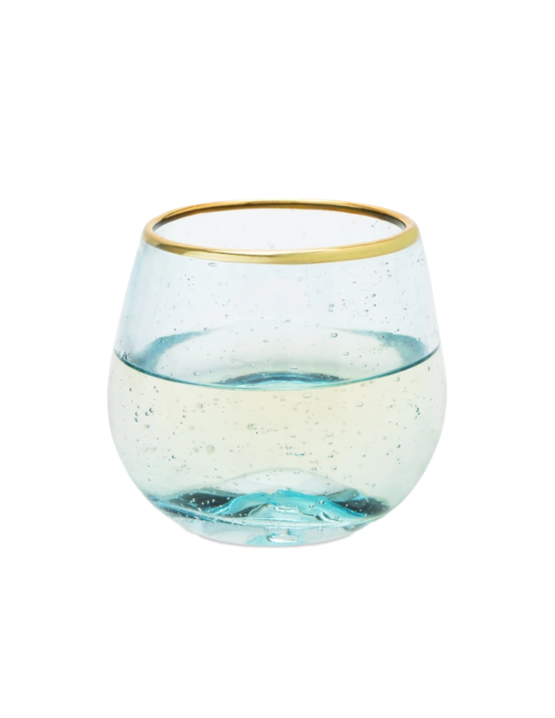 Seaside Aqua Bubble Stemless Wine Glass.  Floating bubbles in glass design.  Shown with white wine.  Makes a great gift.  See our other products to complete the collection.