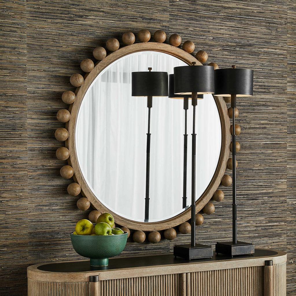 Wood detail natural Brianza Room display of natural round Mirror By Uttermost. 