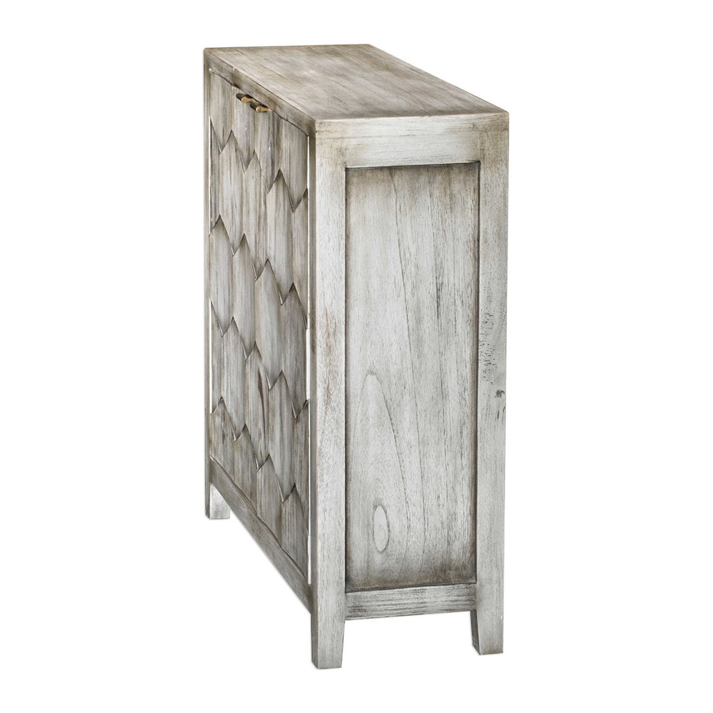 Side view 3-dimensional honeycomb mahogany wood Catori 2 Door Cabinet by Uttermost