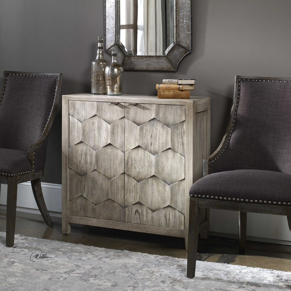 Room setting 3-dimensional honeycomb mahogany wood Catori 2 Door Cabinet by Uttermost