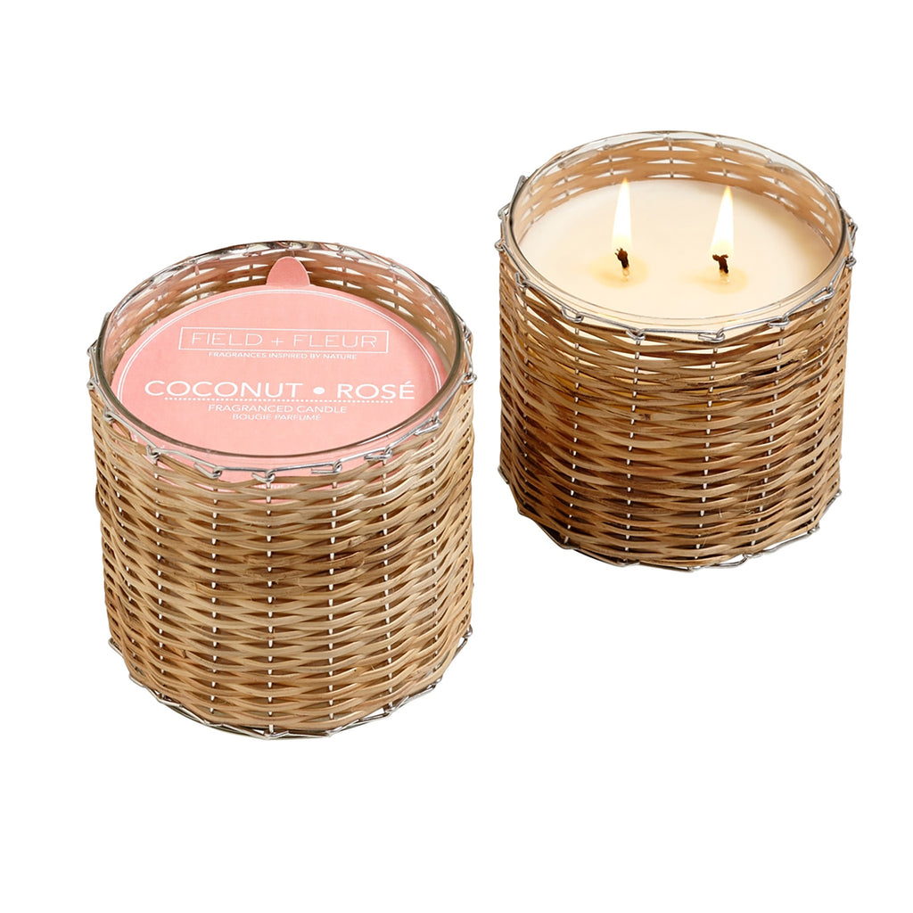 Coconut Rosé 2 Wick Handwoven Candle by Hillhouse Naturals Field+Fleur.  Made in USA