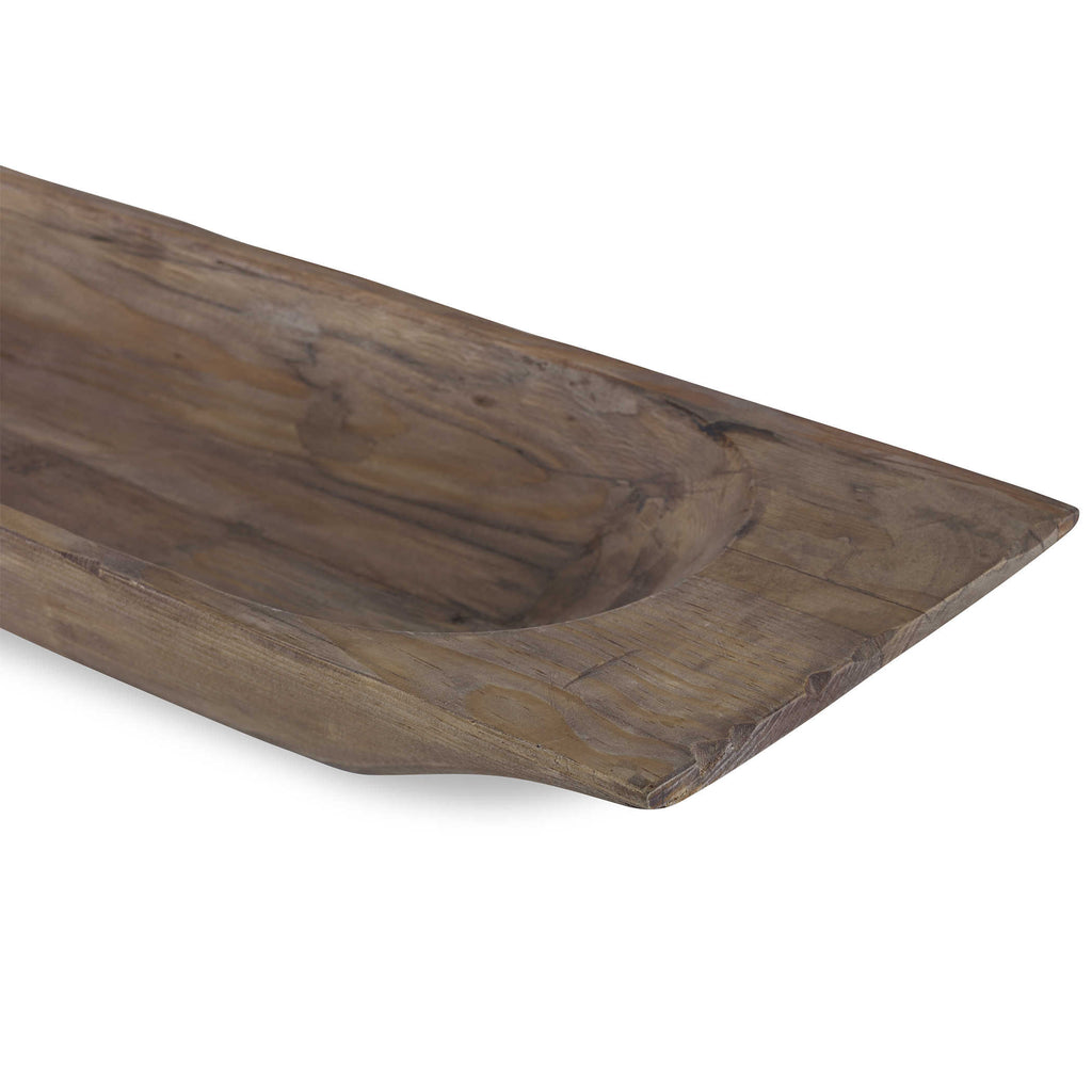 Solid reclaimed brown wood dough tray by Uttermost up close view.