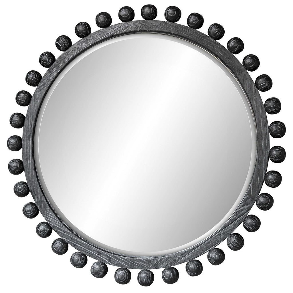 Front view of Ebony Brianza round mirror By Uttermost. 