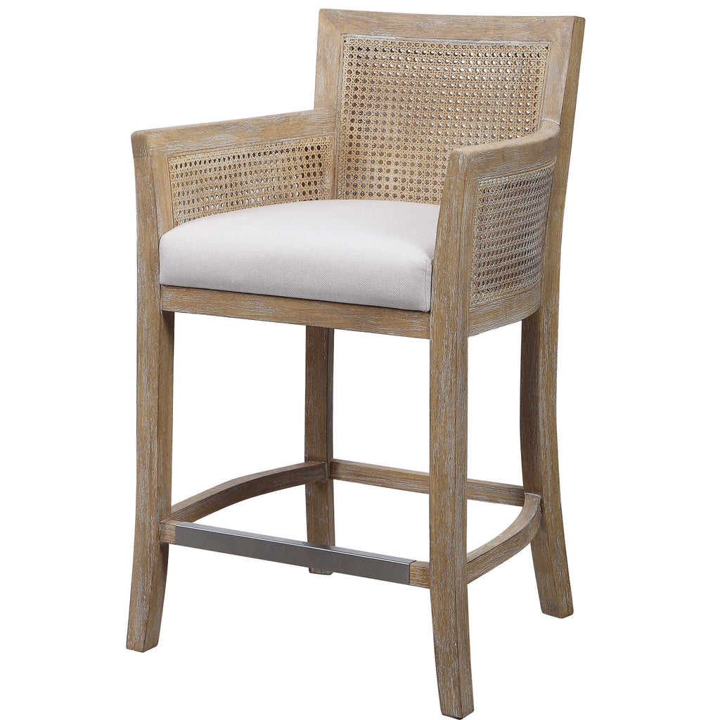 Encore counter stool by Uttermost, natural color with off-white fabric.