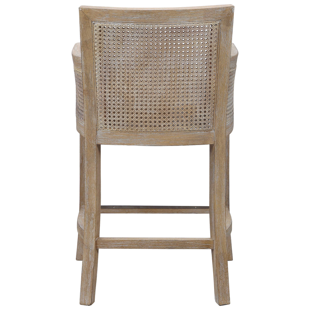Encore counter stool by Uttermost, natural color with off-white fabric back view.