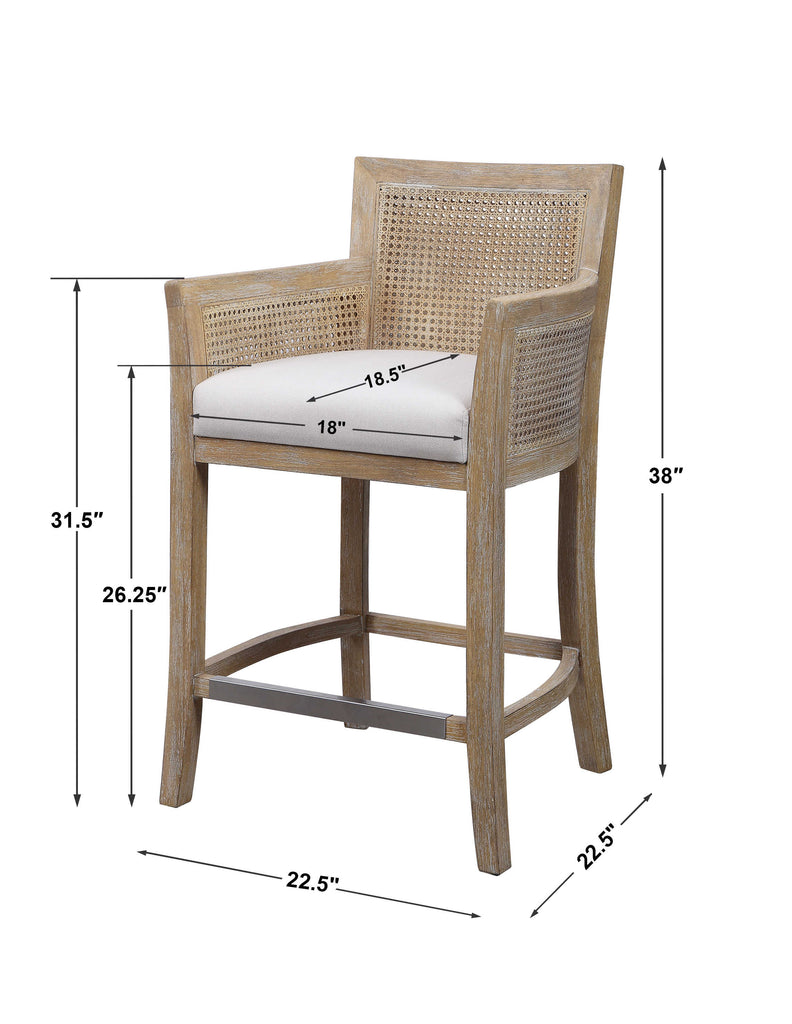 Encore counter stool by Uttermost, natural color with off-white fabric measurements.