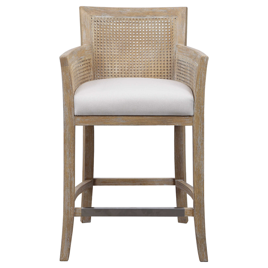 Encore counter stool by Uttermost, natural color with off-white fabric.