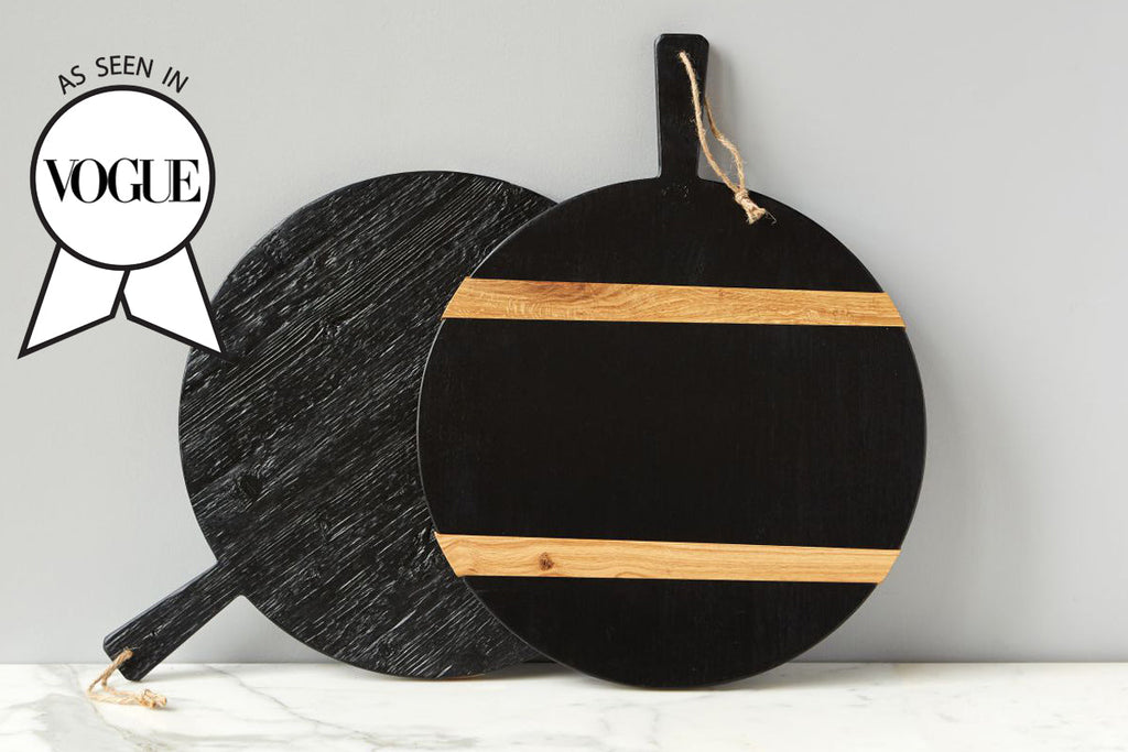 Black Round Mod Charcuterie Board by etúHOME, great for housewarming or wedding gift.  As seen in Vogue