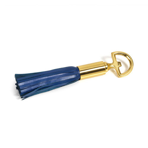 Royal Leather Tassel Bottle Opener by ZODAX.  Blue with gold detail.