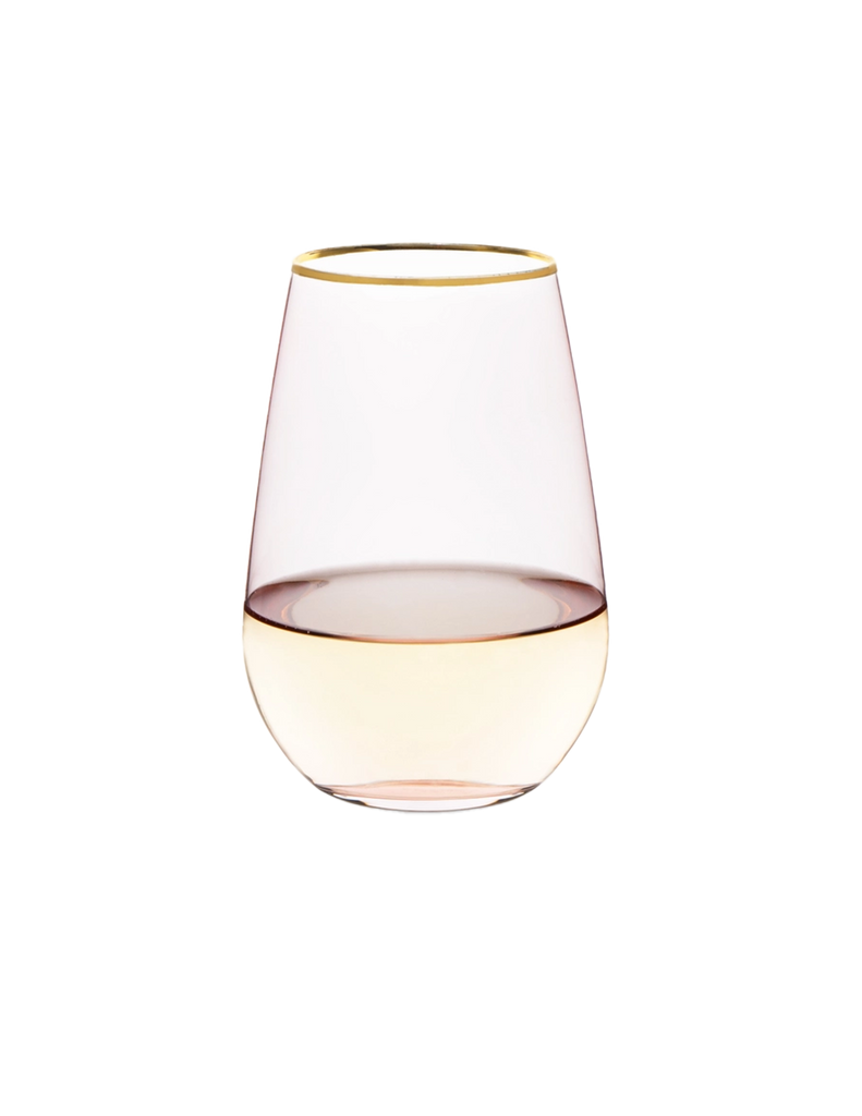 rose stemless wine glass with gold rim.  Pictured with white wine.  Makes a great gift.