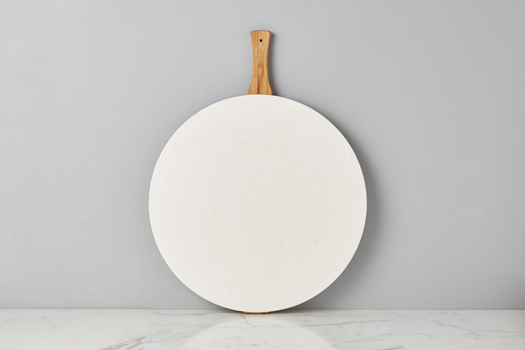 Large White Round Italia Charcuterie Board. Hand-crafted from reclaimed wood, this charcuterie board can also double as a decorative kitchen accent.  Back view of board. 