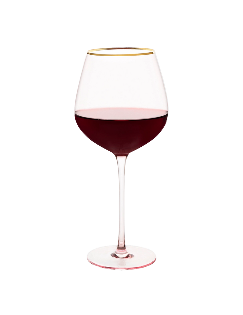 Rose Crystal Red Wine Glass with Gold Rim.  Pictured with red wine.  Makes a great gift.